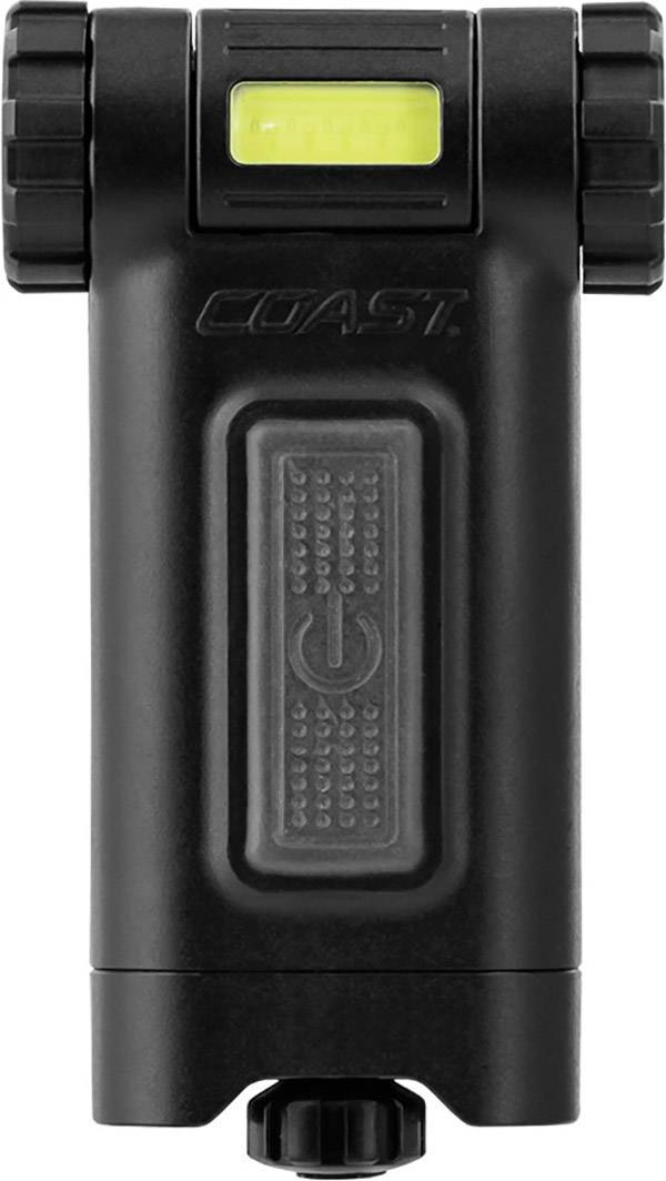 'Schwarze Taschenlampe mit rechteckigem, gelbem Lichtbereich oben und geriffelter Drehknopfsteuerung.'