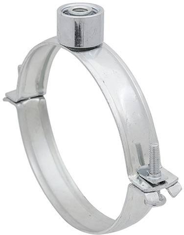 Metallrohrschelle mit Schraube und Mutter zur Befestigung von Rohrleitungen.