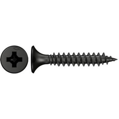 Schwarze Kreuzschlitzschraube mit Senkkopf, dargestellt in Nahaufnahme mit Fokus auf Gewinde und Kopfform.