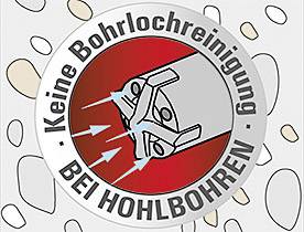 Symbol zeigt eine Bohrspitze, die Wasserstrahlen in Gestein sprüht. Text lautet 'Keine Bohrlochreinigung bei Hohlbohren'.