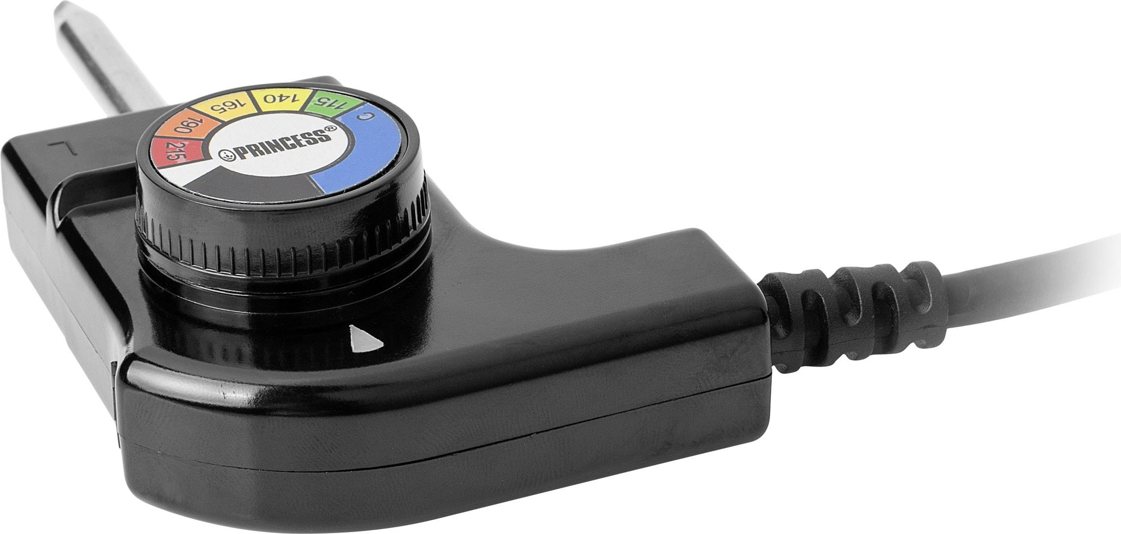 Ein schwarzer Temperaturregler mit einem Drehknopf, der Bereiche von 60 bis 220 Grad Celsius anzeigt. An einem Kabel befestigt.