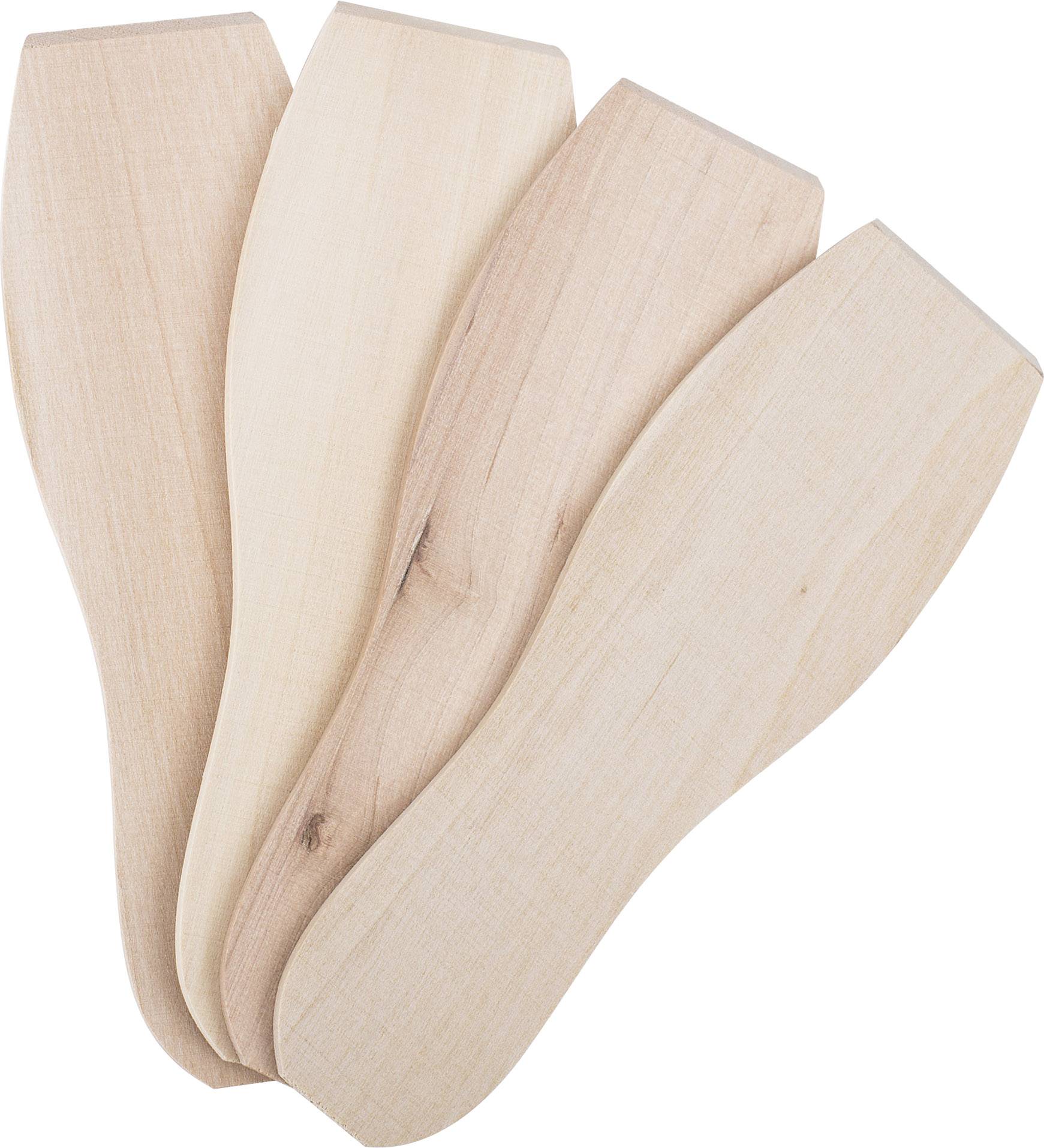 Vier Holzschuheinsätze aus hellem Holz, nebeneinander liegend. Sie sind gewölbt und haben eine glatte Oberfläche.