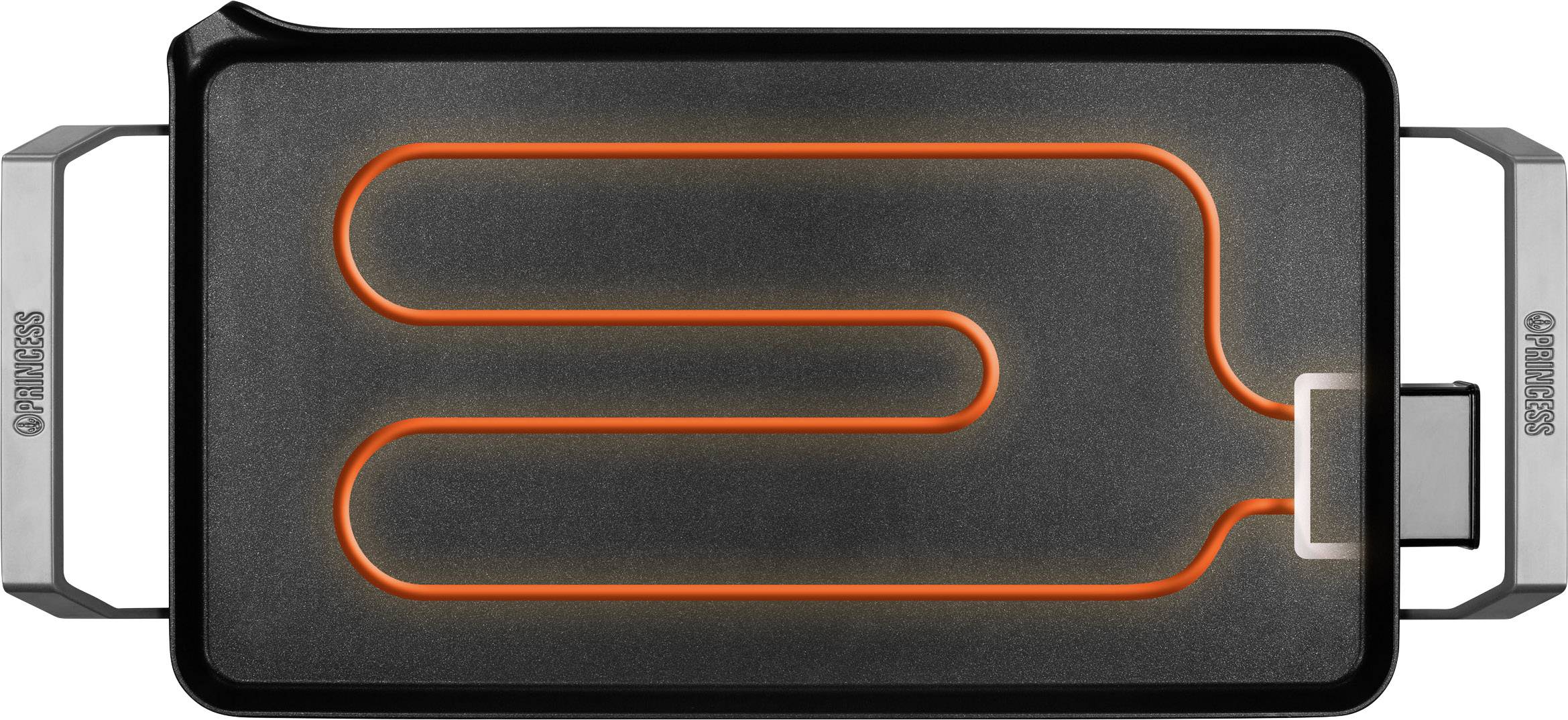 Ein elektrischer Grill mit leuchtendem Heizstab, rechteckiger Form und Griffen an den Seiten. Ideal zum Braten und Grillen.