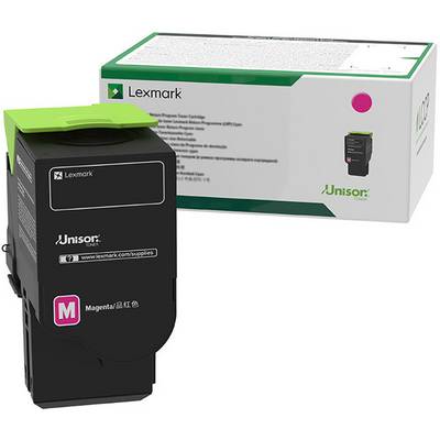 Druckerpatrone in magenta von Lexmark mit Verpackung im Hintergrund.