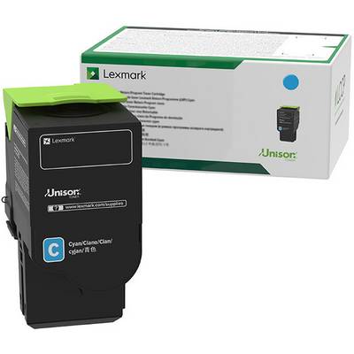 'Druckerpatrone von Lexmark, Modell C3220C0, Unison-Toner, Cyan. Verpackung und Einzelpatrone abgebildet.'