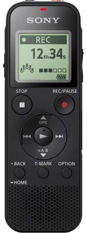 Ein schwarzer, tragbarer Sony-Diktiergerät-Recorder mit Bildschirm zeigt 'REC' und die Aufnahmedauer von 12 Minuten und 34 Sekunden an.