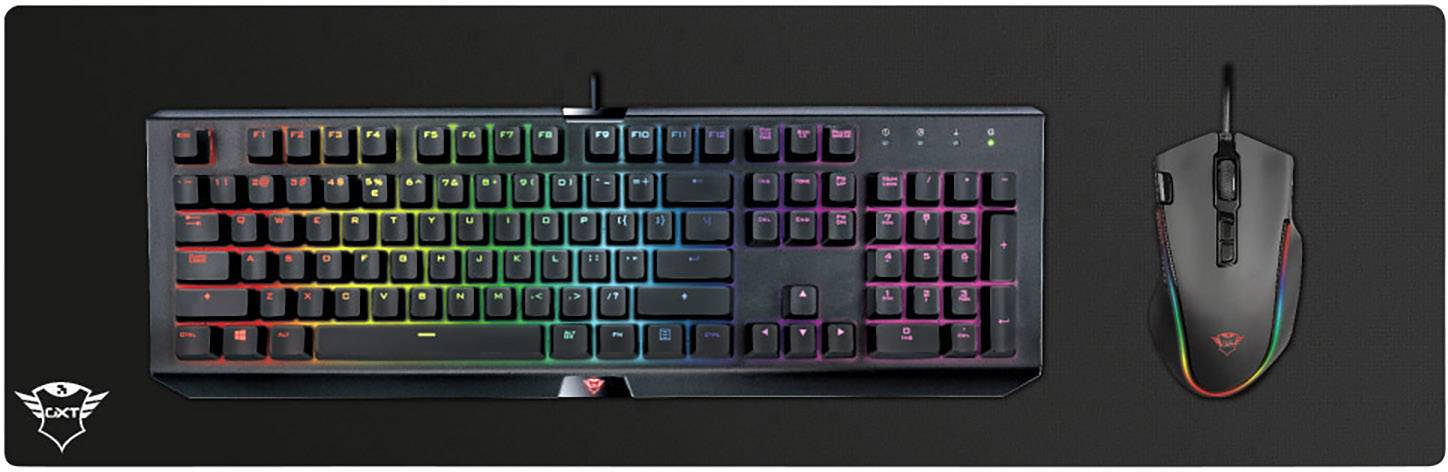 Schwarze Gaming-Tastatur mit Regenbogen-Beleuchtung und passender Gaming-Maus auf dunklem Hintergrund. Ideal für PC-Gaming.