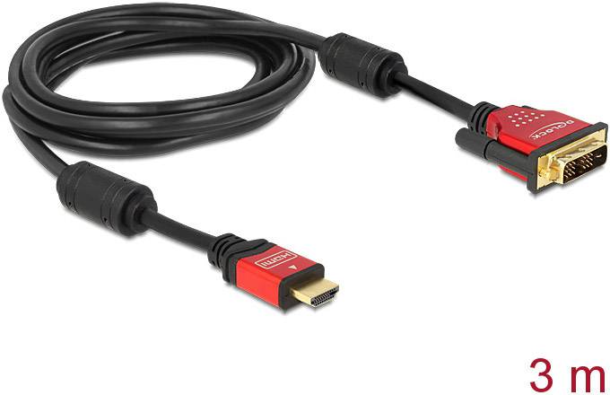 'Ein 3 m langes HDMI zu DVI-D Kabel in Schwarz mit roten Steckern, geeignet für die Übertragung von Videosignalen zwischen Geräten.'
