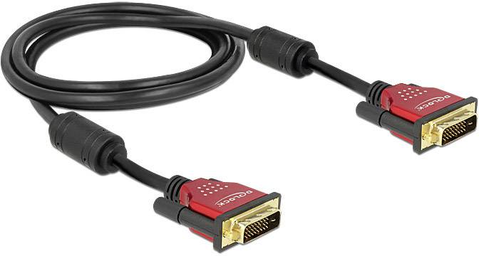 Ein schwarzes DVI-Kabel mit goldumrandeten Steckern und roten Anschlüssen.