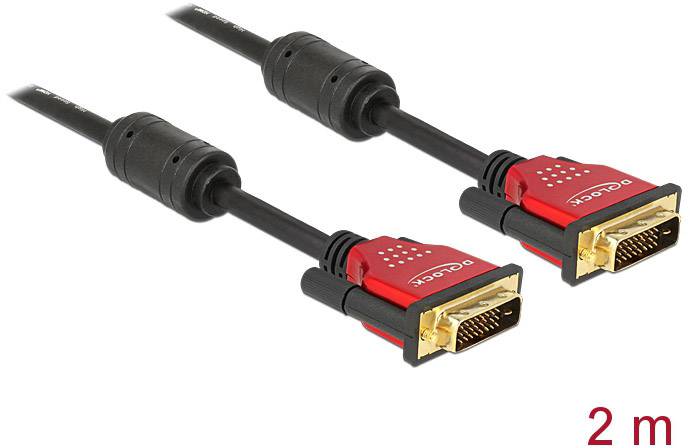 Zwei schwarze DVI-Kabel mit rot-goldenen Steckern, Länge 2 Meter. Geeignet für Videoübertragung zwischen Geräten.
