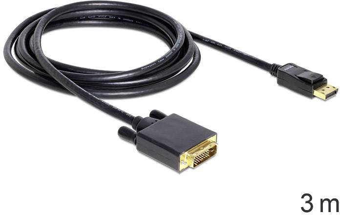 '3 m DisplayPort zu DVI Kabel' zeigt ein längeres schwarzes Kabel mit einem DisplayPort-Stecker auf der einen Seite und einem DVI-Stecker auf der anderen Seite.