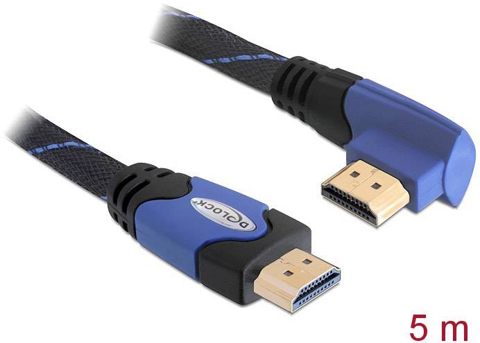 Ein blau-schwarzes HDMI-Kabel mit einem 90-Grad-Winkelstecker, Länge: 5 Meter.