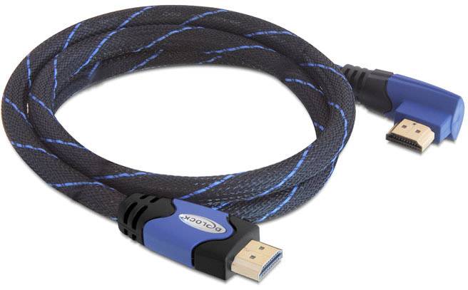 Ein blau-schwarzes HDMI-Kabel mit einem Knickschutz, das zum Anschließen von Multimedia-Geräten wie Fernsehern und Computern genutzt wird.