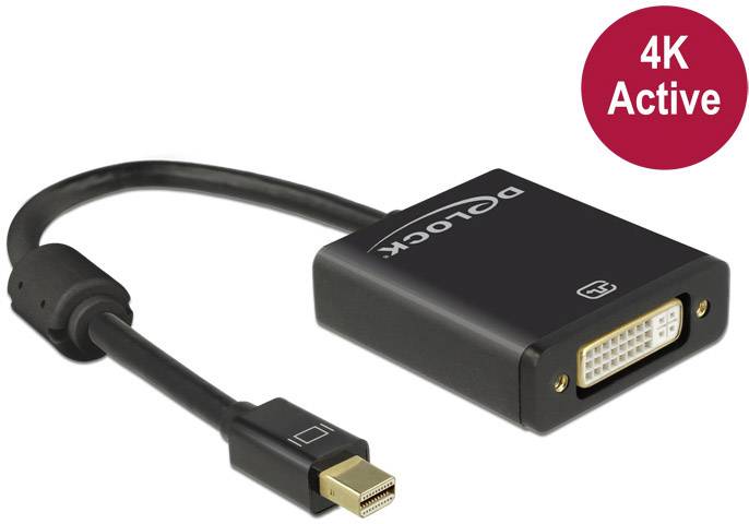 Adapterkabel von Mini DisplayPort zu DVI mit 4K-Active-Unterstützung. Schwarzes Design mit Kabel und DVI-Stecker.