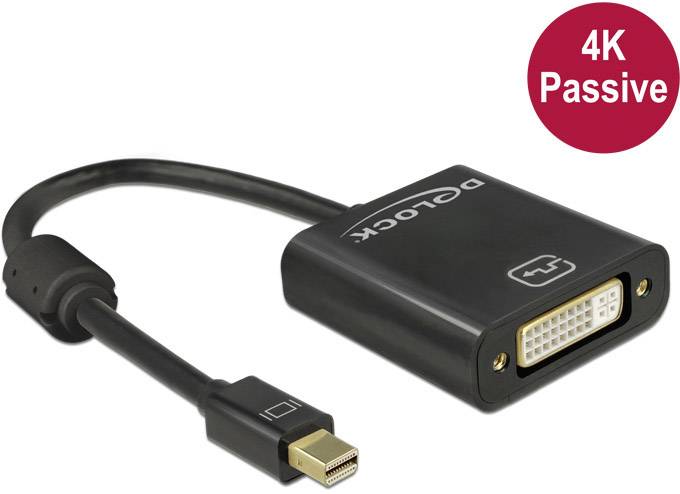 'Mini DisplayPort zu DVI Adapter, 4K Passive, schwarz' mit kleinem runden Aufkleber, auf dem '4K Passive' steht.