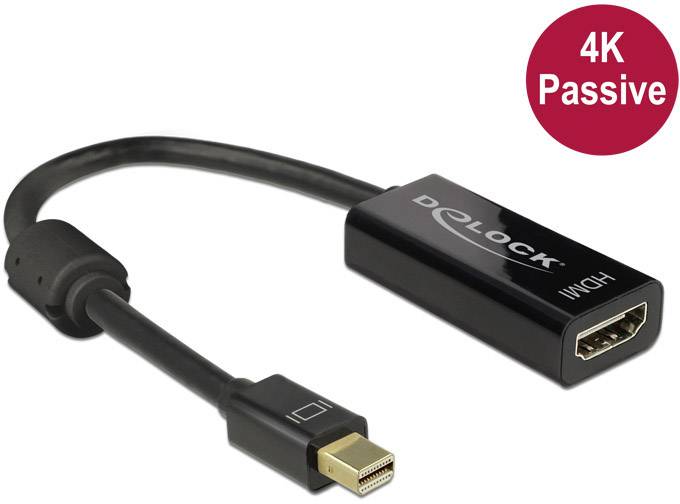 Ein schwarzer Adapterkabel von Mini DisplayPort zu HDMI. Aufschrift 'DOLOCK' auf dem Gehäuse und '4K Passive' in einem roten Kreis.