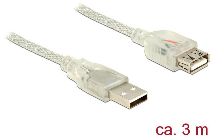 Delock USB-Kabel USB 2.0 USB-A Stecker, USB-A Buchse 3.00 m Transparent mit Ferritkern 83884-0