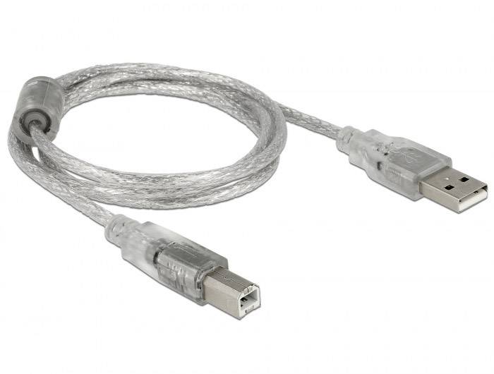 Ein silbernes USB-Druckerkabel mit zwei verschiedenen Anschlüssen: USB-A und USB-B.