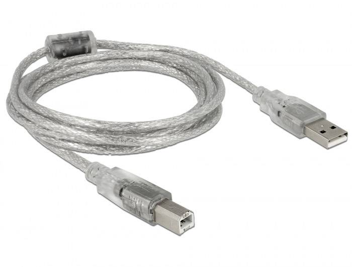 Ein transparentes USB-Kabel mit USB-A-Stecker auf einer Seite und USB-B-Stecker auf der anderen Seite.