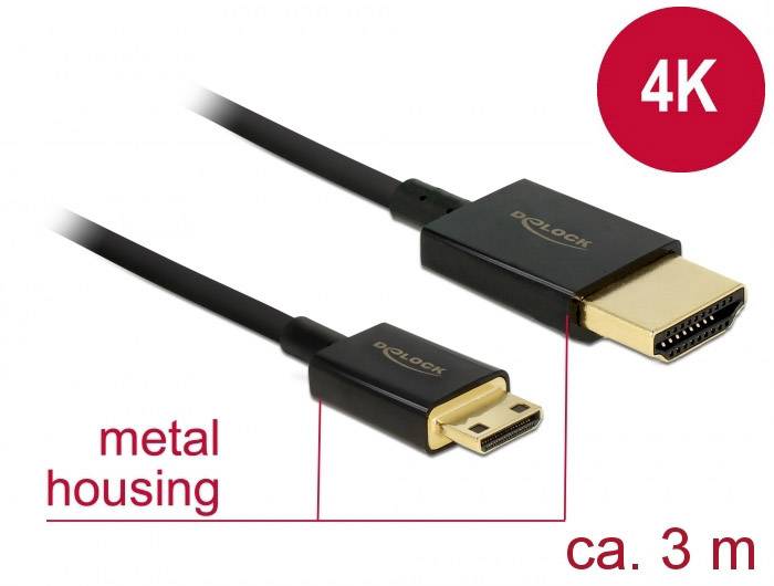 HDMI-Kabel mit 4K-Kompatibilität, ca. 3 m lang. Beide Enden haben ein Metallgehäuse, eines mit Standard-, das andere mit Micro-Stecker.