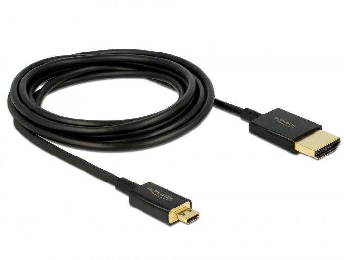 HDMI-Kabel mit zwei Anschlüssen: einer ist Standard-HDMI, der andere ein Mini-HDMI. Das Kabel ist schwarz.