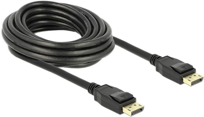 Ein langes schwarzes DisplayPort-Kabel, aufgerollt, mit zwei Steckern an den Enden. Geeignet für Bild- und Tonübertragung.