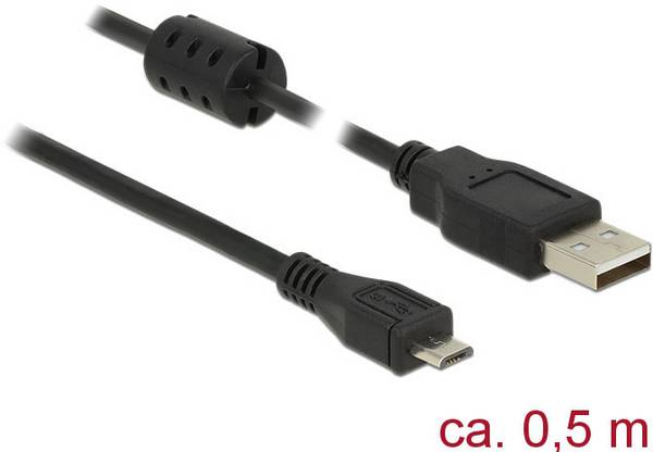 Delock USB-Kabel USB 2.0 USB-A Stecker, USB-Micro-B Stecker 0.50 m Schwarz mit Ferritkern 84900