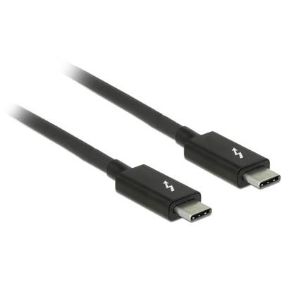 Zwei schwarze USB-C-Kabel mit einem Blitzsymbol auf den Steckern, das auf schnelle Datenübertragung oder Thunderbolt-Kompatibilität hinweist.