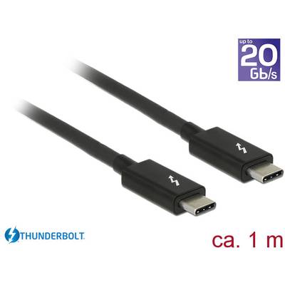 Zwei schwarze Thunderbolt-Kabel mit USB-C-Anschlüssen. Unterstützung für bis zu 20 Gbit/s Datenübertragung. Länge ca. 1 m.