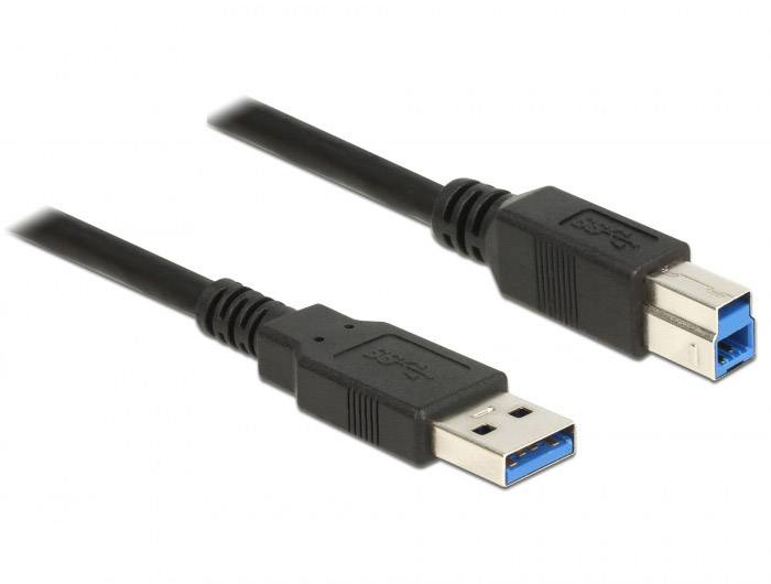Zwei schwarze USB-Kabel, eines mit einem flachen Stecker typischerweise für Computeranschlüsse und das andere für Drucker.