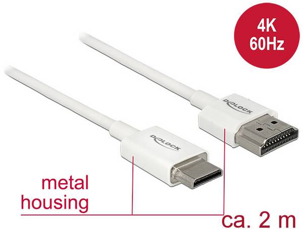 Delock HDMI Anschlusskabel HDMI-A Stecker, HDMI-Mini-C Stecker 2.00 m Weiß 85144 4K UHD, vergoldete Steckkontakte HDMI-Kabel