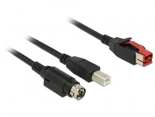 Delock USB-Kabel USB 2.0 PoweredUSB 24V Stecker, USB-B Stecker, Hosiden Mini-DIN 3pol. Stecker 2.00 m Schwarz doppelt geschirmt 85488