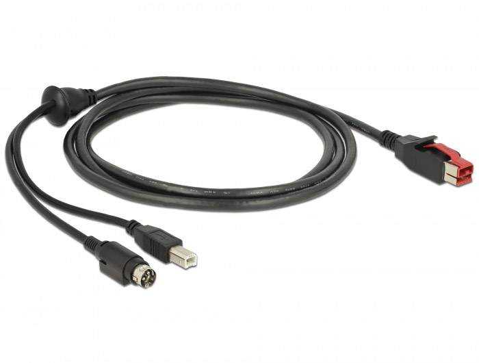 Ein schwarzes Audiokabel mit zwei Anschlüssen: einem roten und einem runden Stecker. Dient zur Verbindung von Audiogeräten.