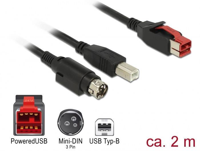 'Drei verschiedene Kabelstecker: PoweredUSB, Mini-DIN (3 Pin) und USB Typ-B. Länge ca. 2 m.'