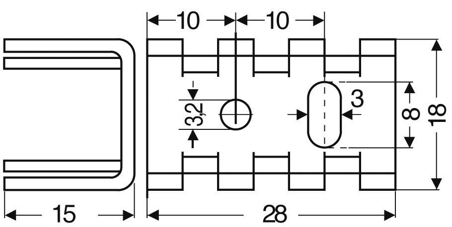 Technische Zeichnung eines Metallprofils mit Maßen in Millimetern: 15, 28, 18. Details wie Rillen, Bohrungen und Abstände sind dargestellt.