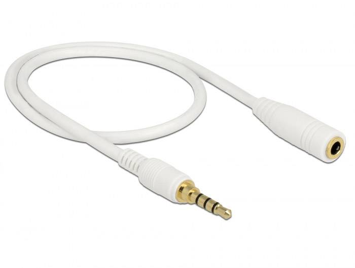 Ein weißes Audiokabel mit einem männlichen und einem weiblichen 3,5-mm-Klinkenanschluss, oft zur Audioverbindung verwendet.