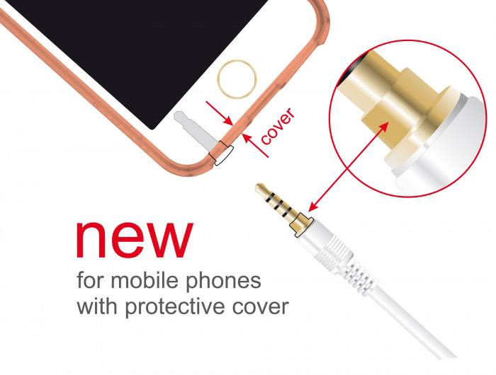 Stecker mit Zusatzadapter für Mobiltelefone mit Schutzhülle. Adapter ermöglicht den Anschluss trotz Hülle.