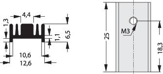 DXF-Konstruktionszeichnung eines Kühlkörpers. Maße und Bohrungen mit Pfeilen gekennzeichnet. Links oben Breite 44, rechts Höhe 28 mm.