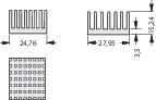 Kühlkörperdiagramm mit Abmessungen: 24,76 mm Breite, 27,95 mm Länge, 15,24 mm Höhe, 35 mm Rippenhöhe. Oben Seitenansicht, unten Draufsicht.
