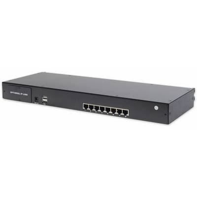 Ein schwarzer Netzwerk-Switch mit acht Ethernet-Ports, einem USB-Anschluss und einem optionalen Uplink-Port auf der Vorderseite.