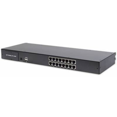 Ein schwarzer Netzwerk-Switch mit sechzehn Ethernet-Ports und zwei USB-Anschlüssen an der Vorderseite. Text: 'Optional IP Link'.