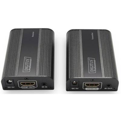 Zwei Digitus-Geräte, beschriftet als 'Receiver' und 'Transmitter', mit Anschlüssen für DC 5V, HDMI und IR. Sie sind für die Übertragung von HDMI-Signalen konzipiert.