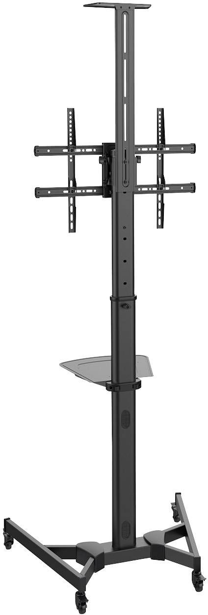 Ein rollbarer TV-Ständer mit höhenverstellbarer Halterung und Ablagefläche. Ideal für Präsentationen oder Messen.