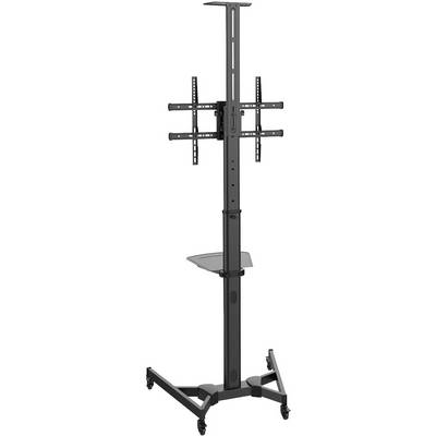 Ein rollbarer TV-Ständer mit höhenverstellbarer Halterung und Ablagefläche. Ideal für Präsentationen oder Messen.