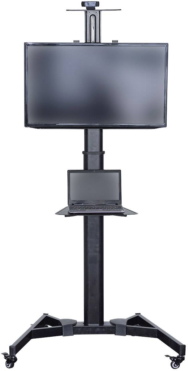 'Ein höhenverstellbarer Rollwagen mit einem großen Monitor und einem Laptophalter, beide Geräte sind schwarz.'