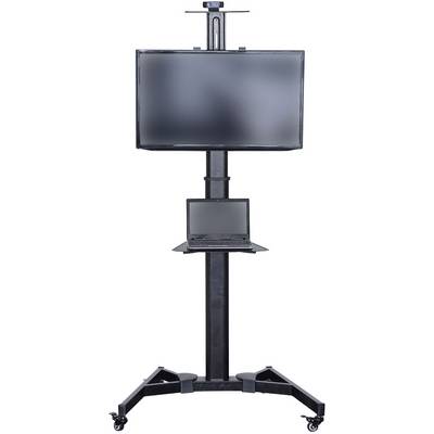 'Ein höhenverstellbarer Rollwagen mit einem großen Monitor und einem Laptophalter, beide Geräte sind schwarz.'