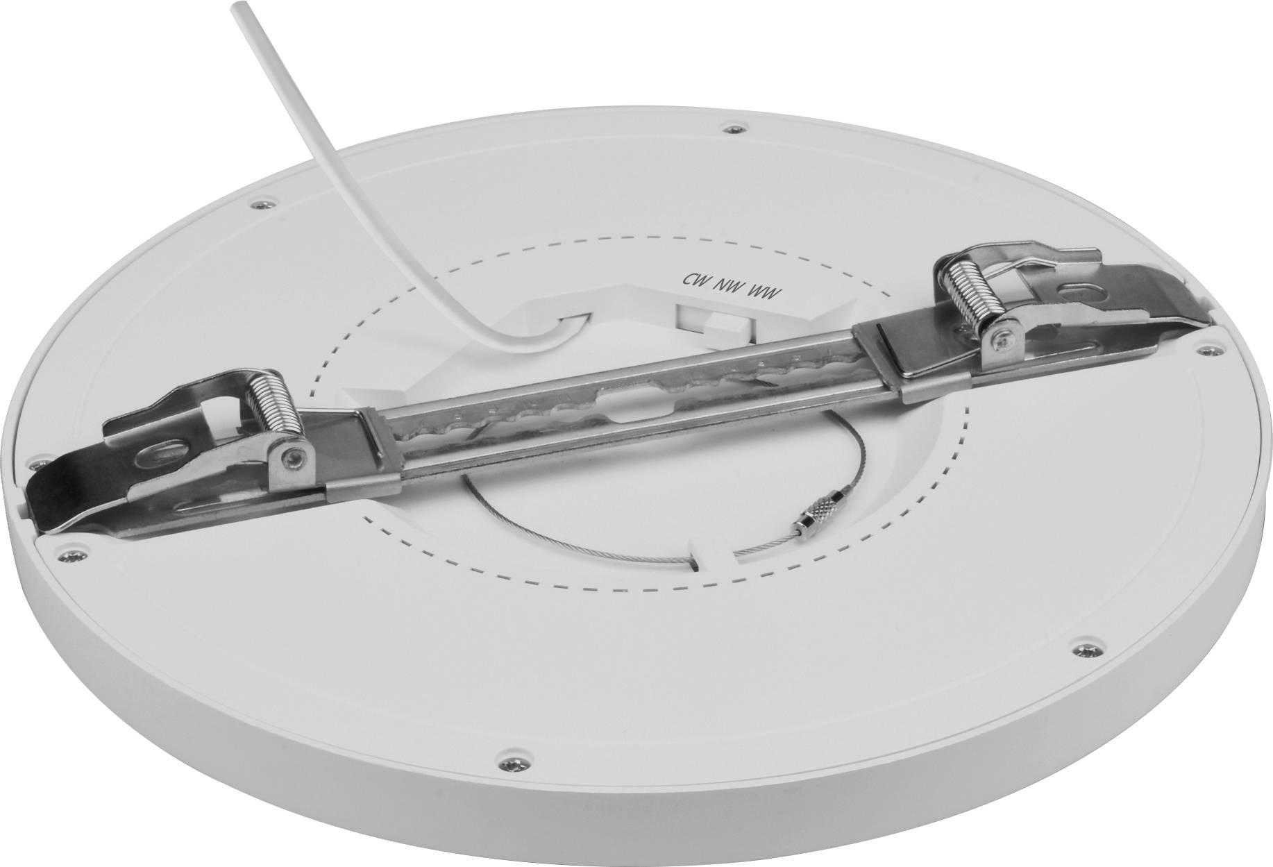 Rückseite einer runden LED-Leuchte mit zwei Metallklammern für die Montage und einem herausragenden Kabel zur Verbindung.