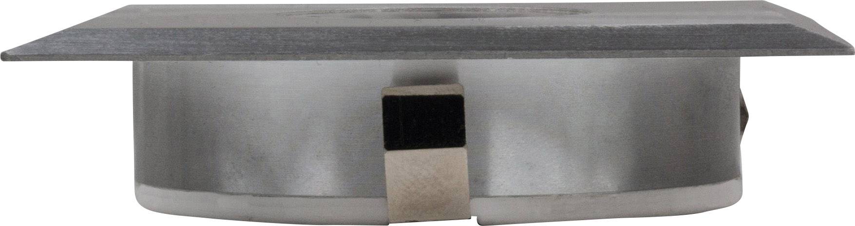 Metallischer, zylindrischer Gegenstand mit vertikaler Nut und flachem, rechteckigem Deckel.