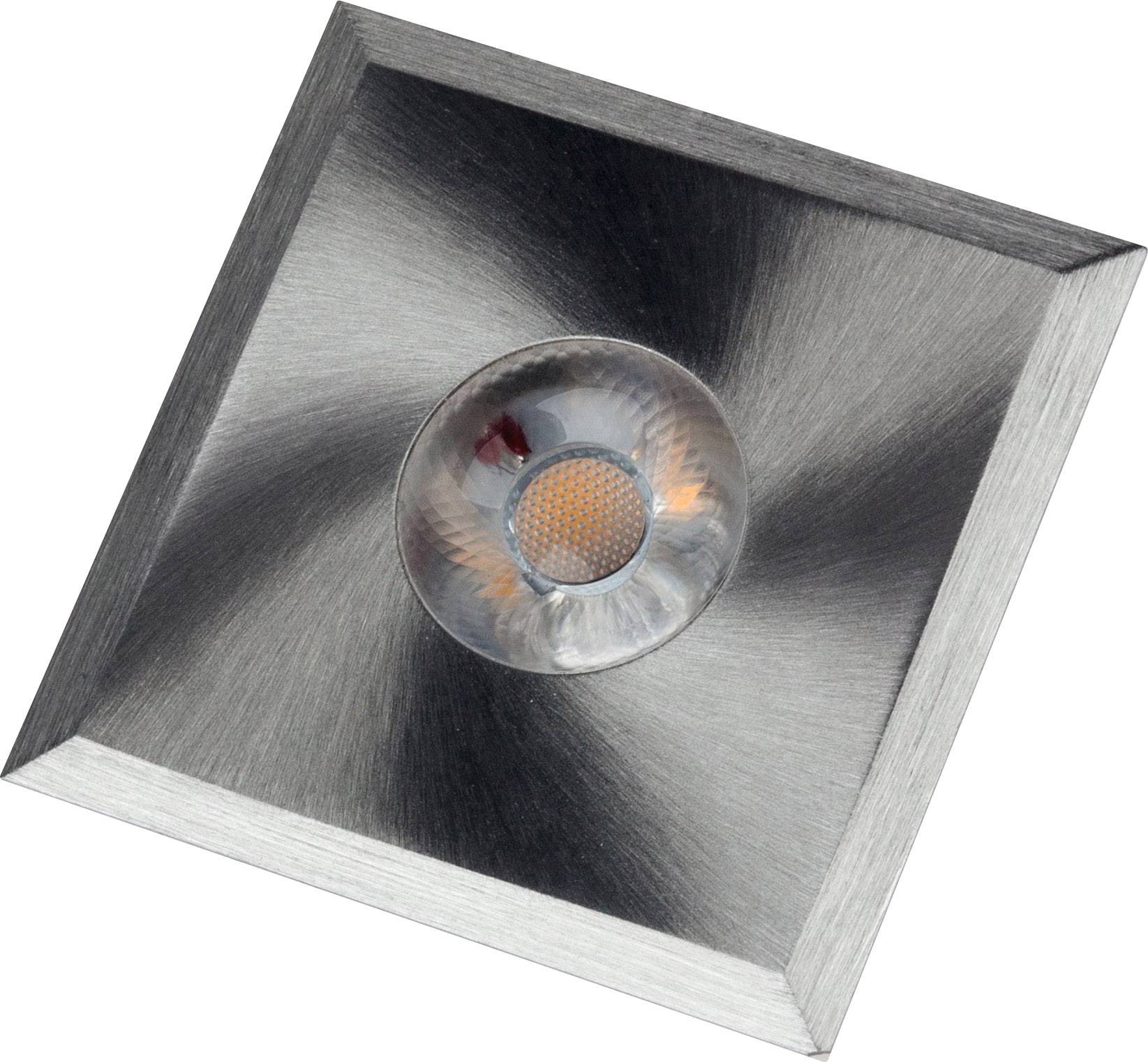 Ein quadratischer Einbaustrahler aus gebürstetem Metall mit einer zentralen LED-Lichtquelle. Ideal für moderne Innenbeleuchtung.