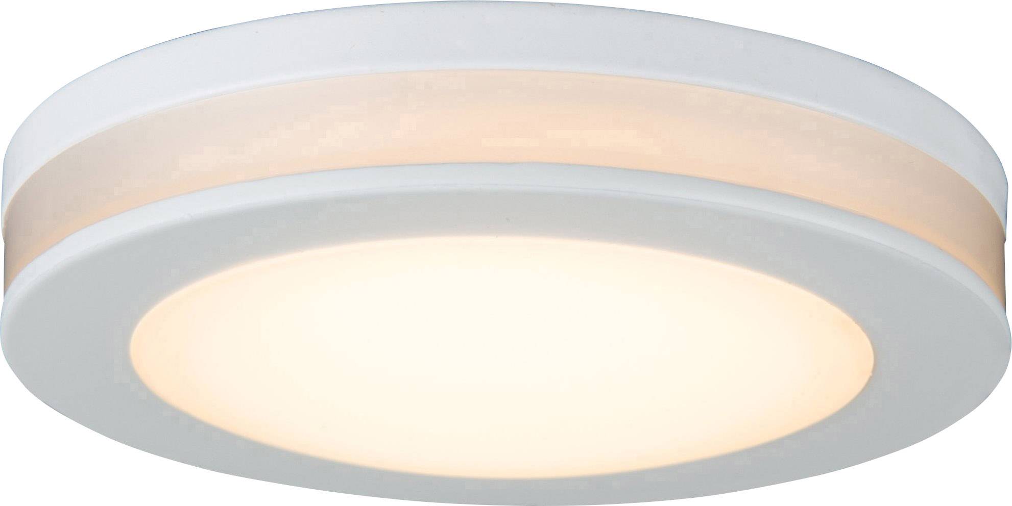 Runde, flache Deckenleuchte mit weißem Rahmen und warmweißem Licht, geeignet für moderne Wohn- oder Arbeitsräume.